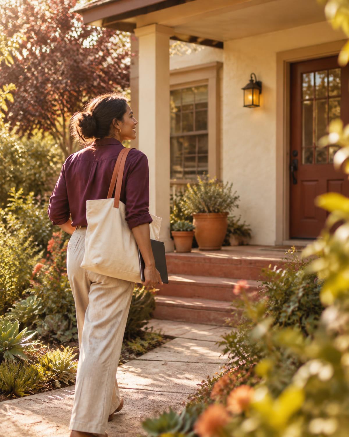 A field professional carrying a tote bag walks up a garden path toward a home's front porch
