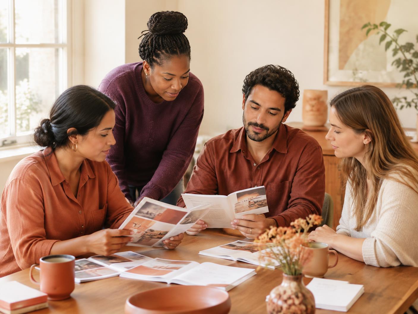 A small team reviews printed program materials together around a wooden table